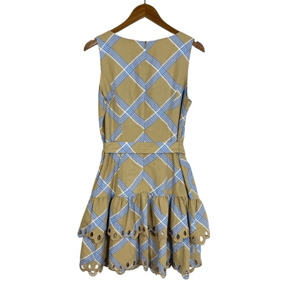 EN SAISON NWT Isla Embroidered Plaid Mini Dress M Belted Eyelet Blue Beige Tan - Picture 10 of 11